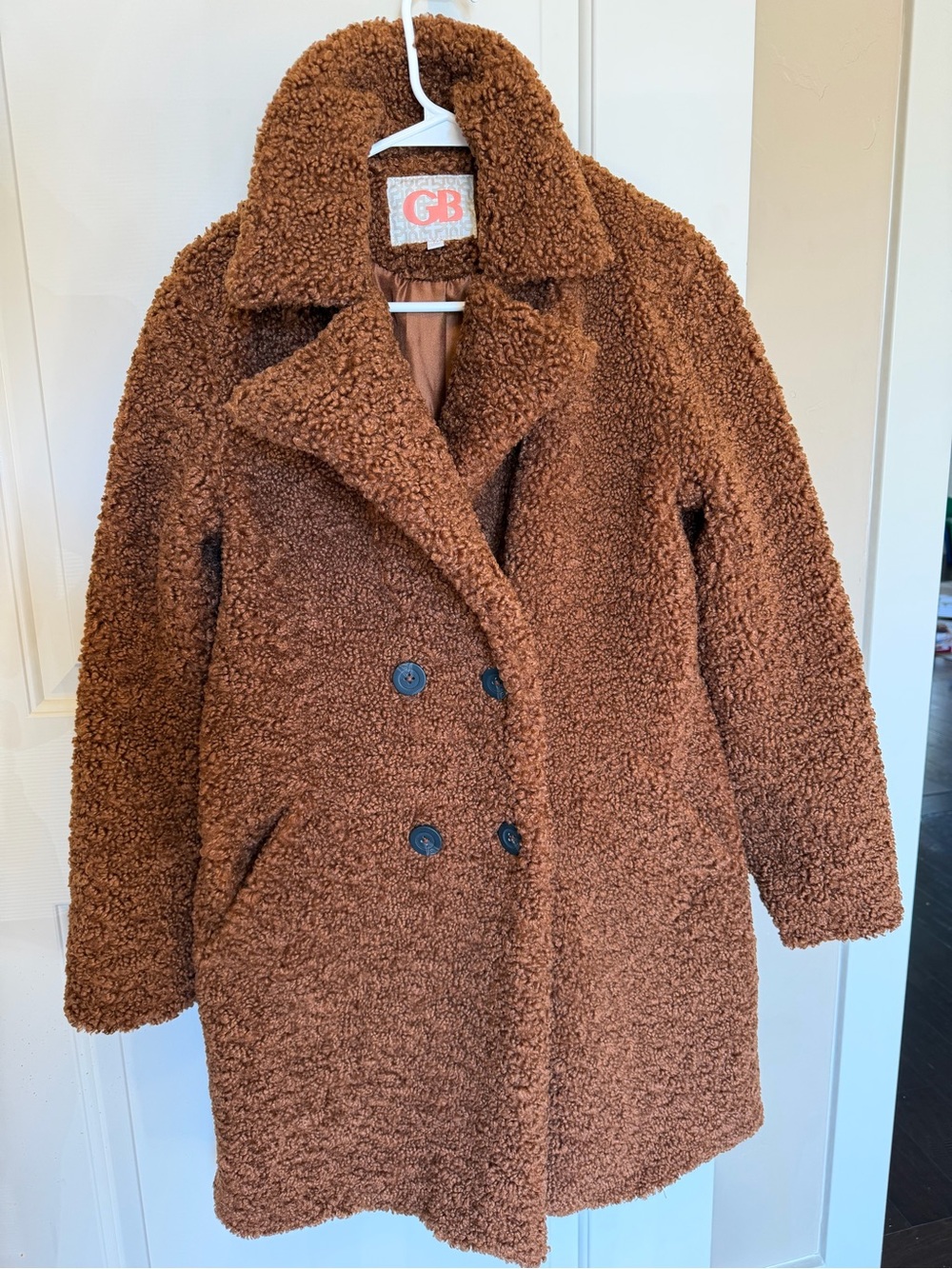 Gianni Bini Brown Teddy Faux Shearling Double-Breasted Peacoat – Size M